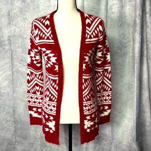 Charlotte Russe Red and White Open Front Aztec Print Cardigan - size S/M
